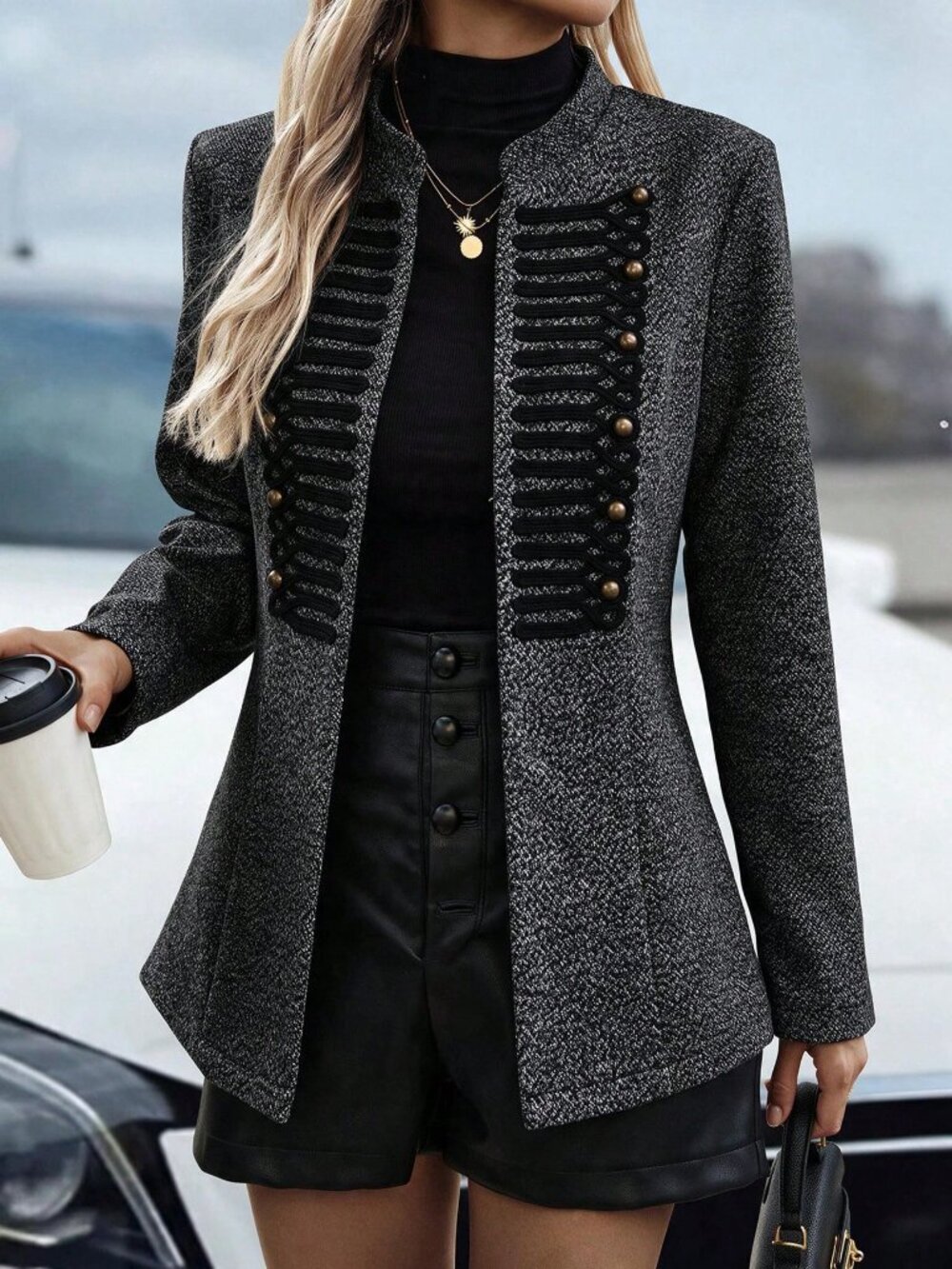 Black Elegant Women's Tweed Blazer - Picture 5 of 8